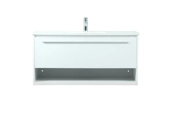 Save space and make your bathroom appear bigger with this floating vanity. Its minimal design will have you in awe, while its clean lines will leave your room feeling fresh and uncluttered. The Single u-drawer pulls out for storage while the open space below allows you to place extra towels or various other essentials. The ivory white engineered marble counter top with porcelain sink adds refined luxe while the aluminum barpull style handle adorn the vanity face. Collection: Roman Rooms: bathroom Finish: White Width: 18.00" Height: 19.70" Length: 40.00" Weight: 101.00 lb Material: MDF Country of Origin: Vietnam Manufacturer Warranty: 1 year limited Spec Sheet