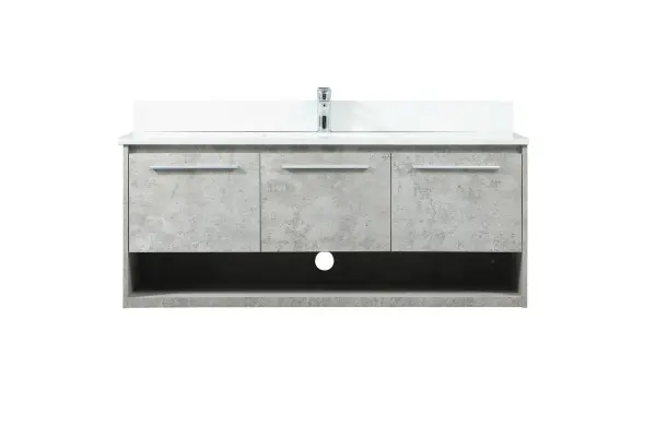 Save space and make your bathroom appear bigger with this floating vanity. Its minimal design will have you in awe, while its clean lines will leave your room feeling fresh and uncluttered. The Single u-drawer pulls out for storage while the open space below allows you to place extra towels or various other essentials. The ivory white engineered marble counter top with porcelain sink adds refined luxe while the aluminum barpull style handle adorn the vanity face. Comes with a matching backsplash to protect your walls. Collection: Roman Rooms: bathroom Finish: Concrete Grey Width: 18.00" Height: 19.70" Length: 48.00" Weight: 129.00 lb Material: MDF Country of Origin: Vietnam Manufacturer Warranty: 1 year limited Spec Sheet
