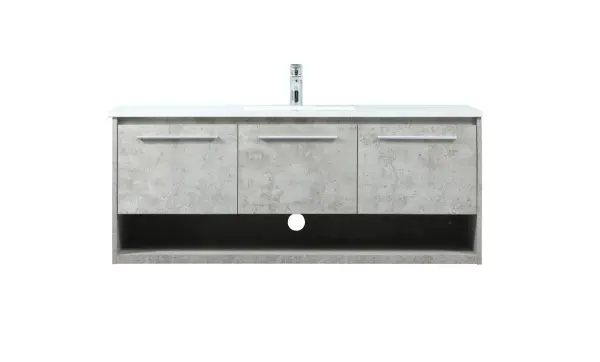 Save space and make your bathroom appear bigger with this floating vanity. Its minimal design will have you in awe, while its clean lines will leave your room feeling fresh and uncluttered. The Single u-drawer pulls out for storage while the open space below allows you to place extra towels or various other essentials. The ivory white engineered marble counter top with porcelain sink adds refined luxe while the aluminum barpull style handle adorn the vanity face. Collection: Roman Rooms: bathroom Finish: Concrete Grey Width: 18.00" Height: 19.70" Length: 48.00" Weight: 129.00 lb Material: MDF Country of Origin: Vietnam Manufacturer Warranty: 1 year limited Spec Sheet