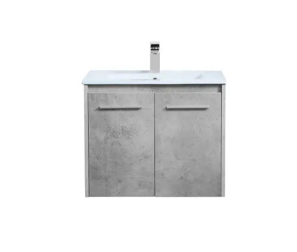 The contemporary simplicity of this 24" floating vanity in a concrete grey finish will help open the space and add stunning modern flair to your bathroom or powder room. The open space below makes it easy to show off your tiles and to clean the floor with ease--it's also the perfect place for a hamper. Double doors open to reveal plentiful of storage pace to store all of your bathroom miscellany. The clean lines that permeate through the design will surely create a fresh look in your home. Collection: Rasina Rooms: bathroom Finish: Concrete Grey Width: 18.31" Height: 19.69" Length: 24.00" Weight: 51.00 lb Material: MDF, resin, metal Country of Origin: Malaysia Manufacturer Warranty: 1 year limited Spec Sheet