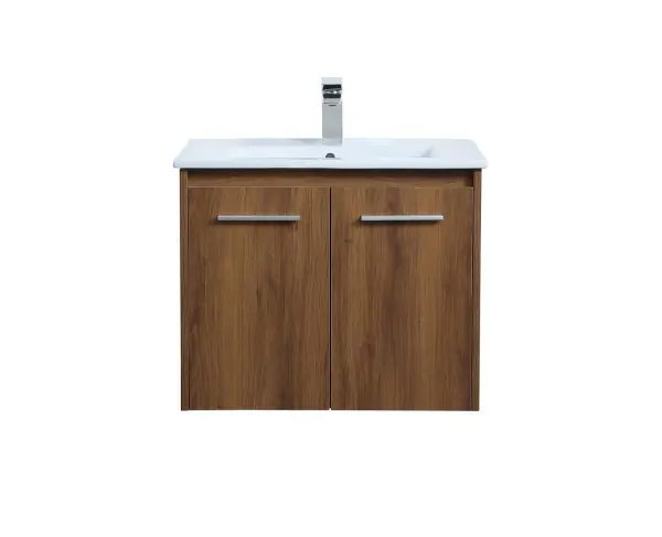 The contemporary simplicity of this 24" floating vanity in a walnut brown finish will help open the space and add stunning modern flair to your bathroom or powder room. The open space below makes it easy to show off your tiles and to clean the floor with ease--it's also the perfect place for a hamper. Double doors open to reveal plentiful of storage pace to store all of your bathroom miscellany. The clean lines that permeate through the design will surely create a fresh look in your home. Collection: Rasina Rooms: bathroom Finish: Walnut Brown Width: 18.31" Height: 19.69" Length: 24.00" Weight: 51.00 lb Material: MDF, resin, metal Country of Origin: Malaysia Manufacturer Warranty: 1 year limited Spec Sheet