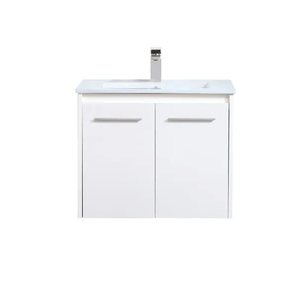 The contemporary simplicity of this 24" floating vanity in a white finish will help open the space and add stunning modern flair to your bathroom or powder room. The open space below makes it easy to show off your tiles and to clean the floor with ease--it's also the perfect place for a hamper. Double doors open to reveal plentiful of storage pace to store all of your bathroom miscellany. The clean lines that permeate through the design will surely create a fresh look in your home. Collection: Rasina Rooms: bathroom Finish: White Width: 18.31" Height: 19.69" Length: 24.00" Weight: 51.00 lb Material: MDF, resin, metal Country of Origin: Malaysia Manufacturer Warranty: 1 year limited Spec Sheet