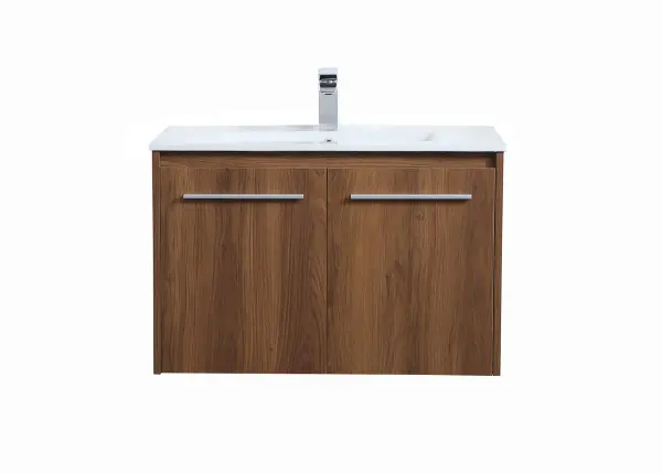 The contemporary simplicity of this 30" floating vanity in a walnut brown finish will help open the space and add stunning modern flair to your bathroom or powder room. The open space below makes it easy to show off your tiles and to clean the floor with ease--it's also the perfect place for a hamper. Double doors open to reveal plentiful of storage pace to store all of your bathroom miscellany. The clean lines that permeate through the design will surely create a fresh look in your home. Collection: Rasina Rooms: bathroom Finish: Walnut Brown Width: 18.31" Height: 19.69" Length: 30.00" Weight: 62.00 lb Material: MDF, resin, metal Country of Origin: Malaysia Manufacturer Warranty: 1 year limited Spec Sheet