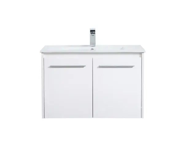 The contemporary simplicity of this 30" floating vanity in a white finish will help open the space and add stunning modern flair to your bathroom or powder room. The open space below makes it easy to show off your tiles and to clean the floor with ease--it's also the perfect place for a hamper. Double doors open to reveal plentiful of storage pace to store all of your bathroom miscellany. The clean lines that permeate through the design will surely create a fresh look in your home. Collection: Rasina Rooms: bathroom Finish: White Width: 18.31" Height: 19.69" Length: 30.00" Weight: 62.00 lb Material: MDF, resin, metal Country of Origin: Malaysia Manufacturer Warranty: 1 year limited Spec Sheet