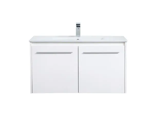 The contemporary simplicity of this 36" floating vanity in a white finish will help open the space and add stunning modern flair to your bathroom or powder room. The open space below makes it easy to show off your tiles and to clean the floor with ease--it's also the perfect place for a hamper. Double doors open to reveal plentiful of storage pace to store all of your bathroom miscellany. The clean lines that permeate through the design will surely create a fresh look in your home. Collection: Rasina Rooms: bathroom Finish: White Width: 18.31" Height: 19.69" Length: 36.00" Weight: 71.00 lb Material: MDF, resin, metal Country of Origin: Malaysia Manufacturer Warranty: 1 year limited Spec Sheet