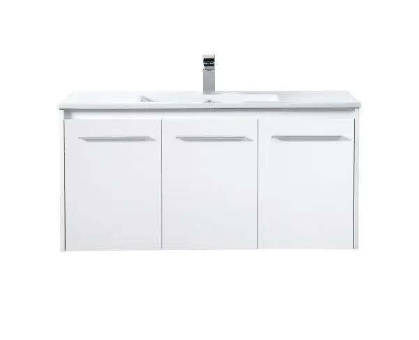 The contemporary simplicity of this 40" floating vanity in a white finish will help open the space and add stunning modern flair to your bathroom or powder room. The open space below makes it easy to show off your tiles and to clean the floor with ease--it's also the perfect place for a hamper. 3 doors open to reveal plentiful of storage pace to store all of your bathroom miscellany. The clean lines that permeate through the design will surely create a fresh look in your home. Collection: Rasina Rooms: bathroom Finish: White Width: 18.31" Height: 19.69" Length: 40.00" Weight: 86.00 lb Material: MDF, resin, metal Country of Origin: Malaysia Manufacturer Warranty: 1 year limited Spec Sheet
