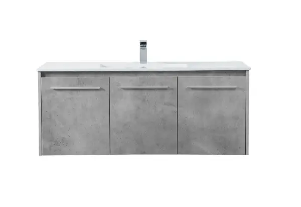 The contemporary simplicity of this 48" floating vanity in a concrete grey finish will help open the space and add stunning modern flair to your bathroom or powder room. The open space below makes it easy to show off your tiles and to clean the floor with ease--it's also the perfect place for a hamper. 3 doors open to reveal plentiful of storage pace to store all of your bathroom miscellany. The clean lines that permeate through the design will surely create a fresh look in your home. Collection: Rasina Rooms: bathroom Finish: Concrete Grey Width: 18.31" Height: 19.69" Length: 48.00" Weight: 99.00 lb Material: MDF, resin, metal Country of Origin: Malaysia Manufacturer Warranty: 1 year limited Spec Sheet