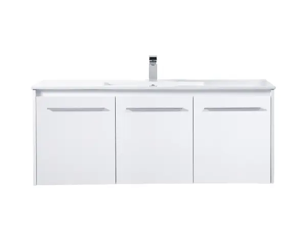 The contemporary simplicity of this 48" floating vanity in a white finish will help open the space and add stunning modern flair to your bathroom or powder room. The open space below makes it easy to show off your tiles and to clean the floor with ease--it's also the perfect place for a hamper. 3 doors open to reveal plentiful of storage pace to store all of your bathroom miscellany. The clean lines that permeate through the design will surely create a fresh look in your home. Collection: Rasina Rooms: bathroom Finish: White Width: 18.31" Height: 19.69" Length: 48.00" Weight: 99.00 lb Material: MDF, resin, metal Country of Origin: Malaysia Manufacturer Warranty: 1 year limited Spec Sheet