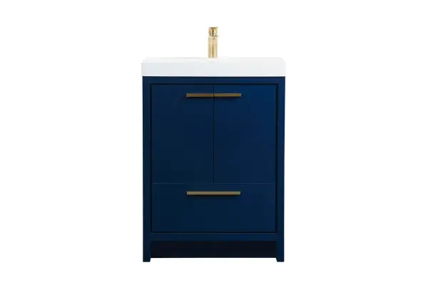 Modern sophistication is defined within the urbane blue finish and gold barpulls of this vanity. Its length makes it the perfect addition to any sized home, and saves space with its storage area hidden behind the double cabinet doors and one bottom drawers. Topped with a highly durable resin white counter top and an integrated sink, this modern design will add everlasting class to your bathroom and powder room. Collection: Wyatt Rooms: bathroom Finish: Blue Width: 19.00" Height: 34.00" Length: 24.00" Weight: 80.00 lb Material: MDF Country of Origin: Vietnam Manufacturer Warranty: 1 year limited Spec Sheet