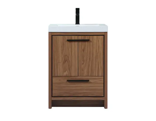 Modern sophistication is defined within the wood finish look and black barpulls of this vanity. Its length makes it the perfect addition to any sized home, and saves space with its storage area hidden behind the double cabinet doors and one bottom drawers. Topped with a highly durable thick resin white counter top and an integrated sink, this modern design will add everlasting class to your bathroom and powder room. Collection: Wyatt Rooms: bathroom Finish: walnut brown Width: 19.00" Height: 34.00" Length: 24.00" Weight: 80.00 lb Material: MDF Country of Origin: Vietnam Manufacturer Warranty: 1 year limited