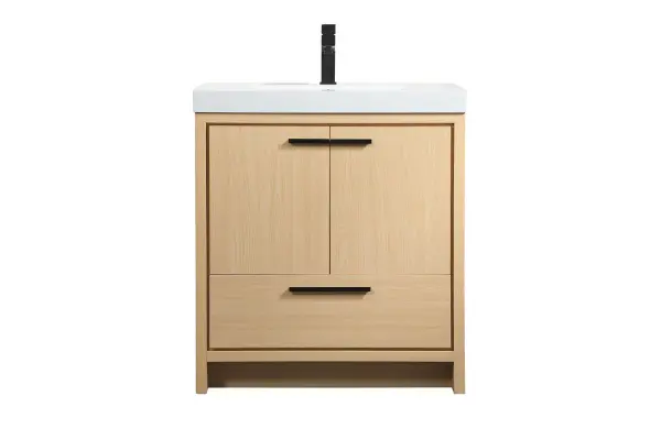 Modern sophistication is defined within the maple finish and black barpulls of this vanity. Its length makes it the perfect addition to any sized home, and saves space with its storage area hidden behind the double cabinet doors and one bottom drawers. Topped with a highly durable resin white counter top and an integrated sink, this modern design will add everlasting class to your bathroom and powder room. Collection: Wyatt Rooms: bathroom Finish: Maple Width: 19.00" Height: 34.00" Length: 30.00" Weight: 88.00 lb Material: MDF Country of Origin: Vietnam Manufacturer Warranty: 1 year limited Spec Sheet
