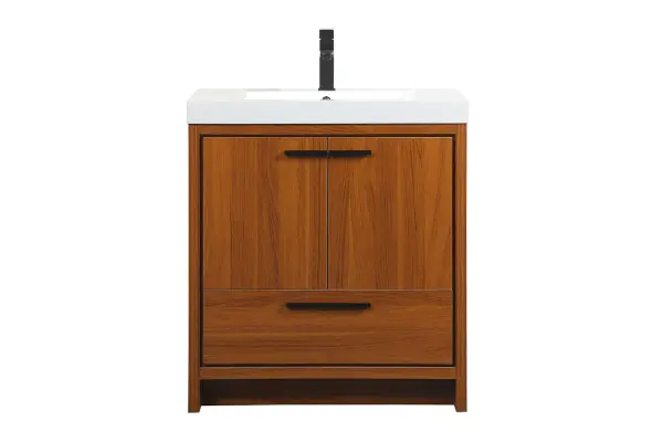 Modern sophistication is defined within the teak finish and black barpulls of this vanity. Its length makes it the perfect addition to any sized home, and saves space with its storage area hidden behind the double cabinet doors and one bottom drawers. Topped with a highly durable resin white counter top and an integrated sink, this modern design will add everlasting class to your bathroom and powder room. Collection: Wyatt Rooms: bathroom Finish: Teak Width: 19.00" Height: 34.00" Length: 30.00" Weight: 88.00 lb Material: MDF Country of Origin: Vietnam Manufacturer Warranty: 1 year limited Spec Sheet