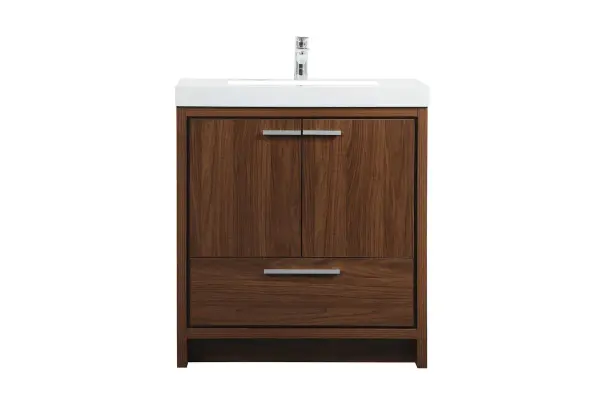 Modern sophistication is defined within the walnut finish and silver barpulls of this vanity. Its length makes it the perfect addition to any sized home, and saves space with its storage area hidden behind the double cabinet doors and one bottom drawers. Topped with a highly durable resin white counter top and an integrated sink, this modern design will add everlasting class to your bathroom and powder room. Collection: Wyatt Rooms: bathroom Finish: Walnut Width: 19.00" Height: 34.00" Length: 30.00" Weight: 88.00 lb Material: MDF Country of Origin: Vietnam Manufacturer Warranty: 1 year limited Spec Sheet