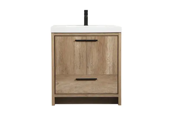 Modern sophistication is defined within the wood finish look and black barpulls of this vanity. Its length makes it the perfect addition to any sized home, and saves space with its storage area hidden behind the double cabinet doors and one bottom drawers. Topped with a highly durable thick resin white counter top and an integrated sink, this modern design will add everlasting class to your bathroom and powder room. Collection: Wyatt Rooms: bathroom Finish: natural oak Width: 19.00" Height: 34.00" Length: 30.00" Weight: 88.00 lb Material: MDF Country of Origin: Vietnam Manufacturer Warranty: 1 year limited