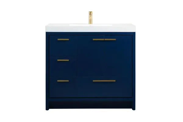 Modern sophistication is defined within the urbane blue finish and gold barpulls of this vanity. Its length makes it the perfect addition to any sized home, and saves space with its storage area hidden behind the double cabinet doors and one bottom drawers. Topped with a highly durable resin white counter top and an integrated sink, this modern design will add everlasting class to your bathroom and powder room. Collection: Wyatt Rooms: bathroom Finish: Blue Width: 22.00" Height: 34.00" Length: 36.00" Weight: 135.00 lb Material: MDF Country of Origin: Vietnam Manufacturer Warranty: 1 year limited Spec Sheet