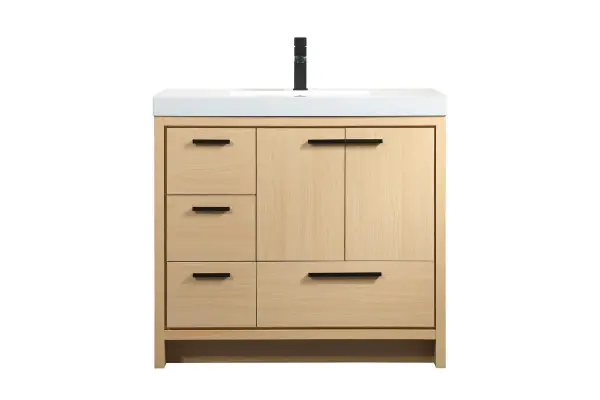 Modern sophistication is defined within the maple finish and black barpulls of this vanity. Its length makes it the perfect addition to any sized home, and saves space with its storage area hidden behind the double cabinet doors and one bottom drawers. Topped with a highly durable resin white counter top and an integrated sink, this modern design will add everlasting class to your bathroom and powder room. Collection: Wyatt Rooms: bathroom Finish: Maple Width: 22.00" Height: 34.00" Length: 36.00" Weight: 135.00 lb Material: MDF Country of Origin: Vietnam Manufacturer Warranty: 1 year limited Spec Sheet