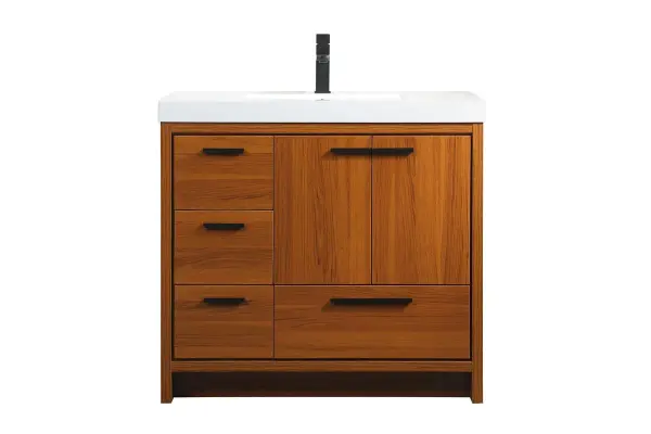 Modern sophistication is defined within the teak finish and black barpulls of this vanity. Its length makes it the perfect addition to any sized home, and saves space with its storage area hidden behind the double cabinet doors and one bottom drawers. Topped with a highly durable resin white counter top and an integrated sink, this modern design will add everlasting class to your bathroom and powder room. Collection: Wyatt Rooms: bathroom Finish: Teak Width: 22.00" Height: 34.00" Length: 36.00" Weight: 135.00 lb Material: MDF Country of Origin: Vietnam Manufacturer Warranty: 1 year limited Spec Sheet