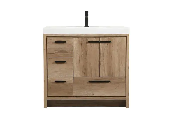 Modern sophistication is defined within the wood finish look and black barpulls of this vanity. Its length makes it the perfect addition to any sized home, and saves space with its storage area hidden behind the double cabinet doors and one bottom drawers. Topped with a highly durable thick resin white counter top and an integrated sink, this modern design will add everlasting class to your bathroom and powder room. Collection: Wyatt Rooms: bathroom Finish: natural oak Width: 22.00" Height: 34.00" Length: 36.00" Weight: 135.00 lb Material: MDF Country of Origin: Vietnam Manufacturer Warranty: 1 year limited