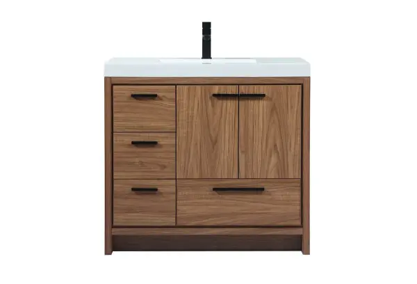 Modern sophistication is defined within the wood finish look and black barpulls of this vanity. Its length makes it the perfect addition to any sized home, and saves space with its storage area hidden behind the double cabinet doors and one bottom drawers. Topped with a highly durable thick resin white counter top and an integrated sink, this modern design will add everlasting class to your bathroom and powder room. Collection: Wyatt Rooms: bathroom Finish: walnut brown Width: 22.00" Height: 34.00" Length: 36.00" Weight: 135.00 lb Material: MDF Country of Origin: Vietnam Manufacturer Warranty: 1 year limited
