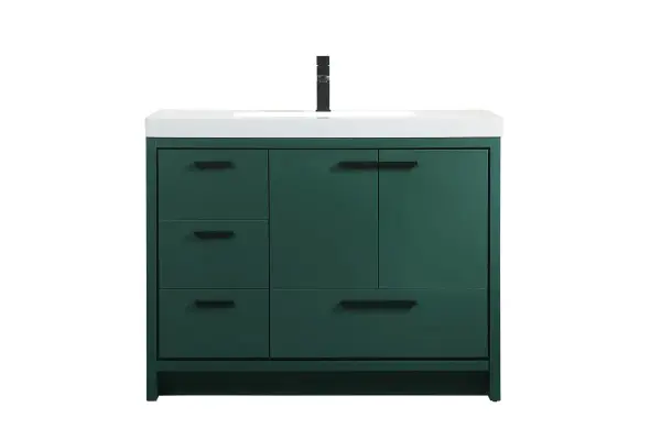 Modern sophistication is defined within the urbane green finish and black barpulls of this vanity. Its length makes it the perfect addition to any sized home, and saves space with its storage area hidden behind the double cabinet doors and one bottom drawers. Topped with a highly durable resin white counter top and an integrated sink, this modern design will add everlasting class to your bathroom and powder room. Collection: Wyatt Rooms: bathroom Finish: Green Width: 22.00" Height: 34.00" Length: 42.00" Weight: 150.00 lb Material: MDF Country of Origin: Vietnam Manufacturer Warranty: 1 year limited Spec Sheet