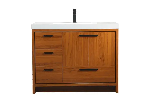 Modern sophistication is defined within the teak finish and black barpulls of this vanity. Its length makes it the perfect addition to any sized home, and saves space with its storage area hidden behind the double cabinet doors and one bottom drawers. Topped with a highly durable resin white counter top and an integrated sink, this modern design will add everlasting class to your bathroom and powder room. Collection: Wyatt Rooms: bathroom Finish: Teak Width: 22.00" Height: 34.00" Length: 42.00" Weight: 150.00 lb Material: MDF Country of Origin: Vietnam Manufacturer Warranty: 1 year limited Spec Sheet