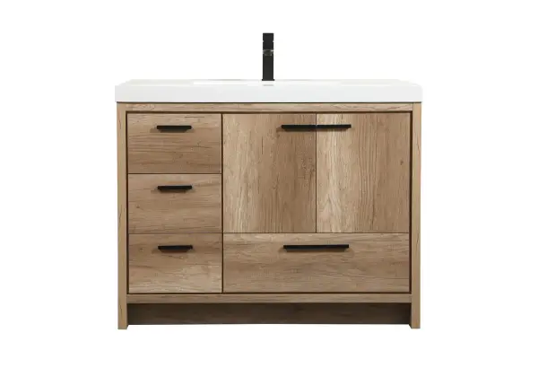Modern sophistication is defined within the wood finish look and black barpulls of this vanity. Its length makes it the perfect addition to any sized home, and saves space with its storage area hidden behind the double cabinet doors and one bottom drawers. Topped with a highly durable thick resin white counter top and an integrated sink, this modern design will add everlasting class to your bathroom and powder room. Collection: Wyatt Rooms: bathroom Finish: natural oak Width: 22.00" Height: 34.00" Length: 42.00" Weight: 150.00 lb Material: MDF Country of Origin: Vietnam Manufacturer Warranty: 1 year limited