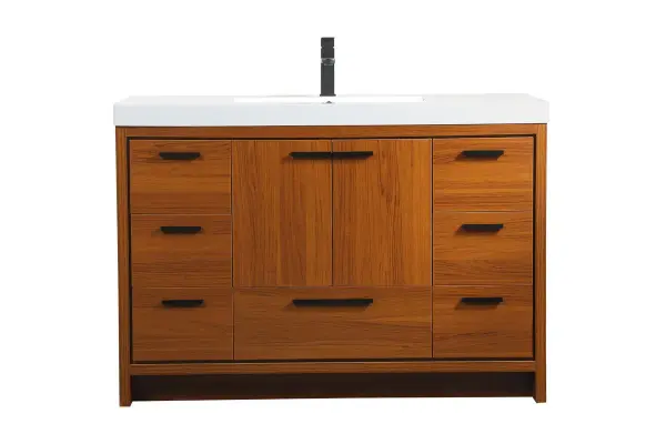Modern sophistication is defined within the teak finish and black barpulls of this vanity. Its length makes it the perfect addition to any sized home, and saves space with its storage area hidden behind the double cabinet doors and one bottom drawers. Topped with a highly durable resin white counter top and an integrated sink, this modern design will add everlasting class to your bathroom and powder room. Collection: Wyatt Rooms: bathroom Finish: Teak Width: 22.00" Height: 34.00" Length: 48.00" Weight: 188.00 lb Material: MDF Country of Origin: Vietnam Manufacturer Warranty: 1 year limited Spec Sheet