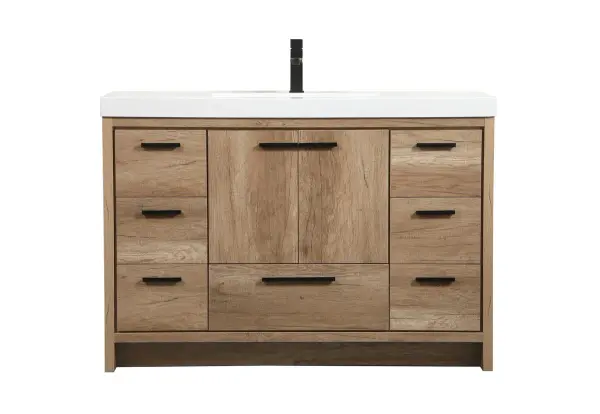Modern sophistication is defined within the wood finish look and black barpulls of this vanity. Its length makes it the perfect addition to any sized home, and saves space with its storage area hidden behind the double cabinet doors and one bottom drawers. Topped with a highly durable thick resin white counter top and an integrated sink, this modern design will add everlasting class to your bathroom and powder room. Collection: Wyatt Rooms: bathroom Finish: natural oak Width: 22.00" Height: 34.00" Length: 48.00" Weight: 188.00 lb Material: MDF Country of Origin: Vietnam Manufacturer Warranty: 1 year limited