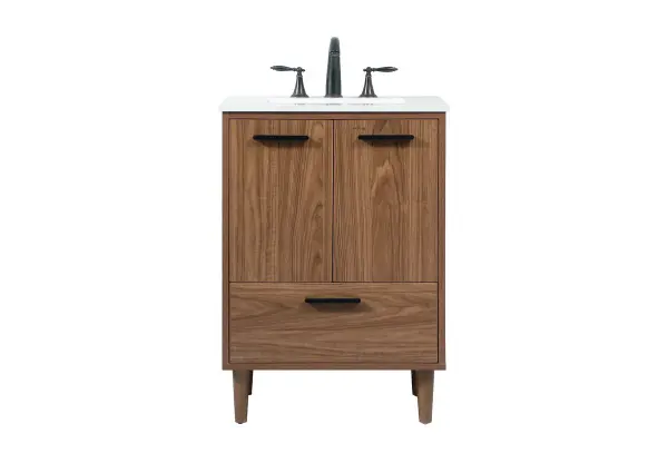 Exquisite modern sophistication is defined with the wood look and black barpulls of this vanity and slender tapered legs. Its length makes it the perfect addition to any sized home, and saves space with its storage area hidden behind the double cabinet doors and one bottom drawer. Topped with a highly durable engineered marble countertop and a porcelain undermount sink, this modern design will become your focal point of your bathroom or powder room. Equipped with soft-closing drawer and doors adds a quiet functional touch. Collection: Baldwin Rooms: bathroom Finish: walnut brown Width: 19.00" Height: 34.00" Length: 24.00" Weight: 95.00 lb Material: Solid wood and MDF Country of Origin: Malaysia Manufacturer Warranty: 1 year limited