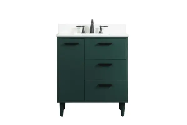 Modern sophistication is defined with the green finish and black barpulls of this vanity and slender tapered legs. Its length makes it the perfect addition to any sized home, and saves space with its storage area hidden behind the Single cabinet door and two bottom drawers. Topped with a highly durable engineered stone countertop and a porcelain undermount sink, this modern design will become your focal point of your bathroom or powder room. Comes with a matching backsplash to complete the look and protects your wall. Equipped with soft-closing drawer and doors adds a quiet functional touch. Collection: Baldwin Rooms: Bathroom Finish: Green Width: 19.00" Height: 34.00" Length: 30.00" Weight: 120.00 lb Material: Solid wood and MDF Country of Origin: Malaysia Manufacturer Warranty: 1 year limited Spec Sheet