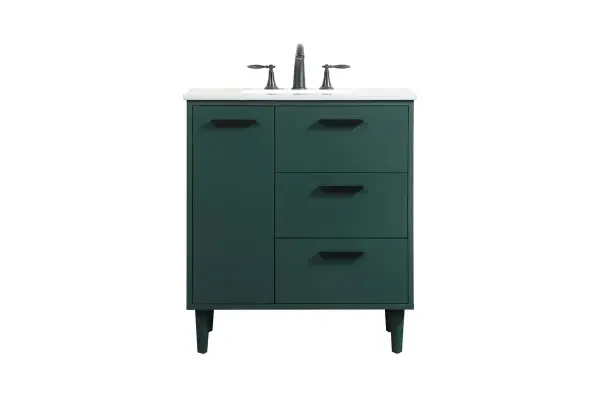 Modern sophistication is defined with the green finish and black barpulls of this vanity and slender tapered legs. Its length makes it the perfect addition to any sized home, and saves space with its storage area hidden behind the Single cabinet door and two bottom drawers. Topped with a highly durable engineered stone countertop and a porcelain undermount sink, this modern design will become your focal point of your bathroom or powder room. Equipped with soft-closing drawer and doors adds a quiet functional touch. Collection: Baldwin Rooms: Bathroom Finish: Green Width: 19.00" Height: 34.00" Length: 30.00" Weight: 120.00 lb Material: Solid wood and MDF Country of Origin: Malaysia Manufacturer Warranty: 1 year limited Spec Sheet