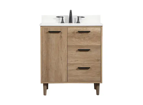 The Baldwin vanity combines contemporary design with functional storage in a compact 30-inch footprint. Natural oak finish and black hardware create modern sophistication, while soft-close drawers and durable marble top deliver quality.