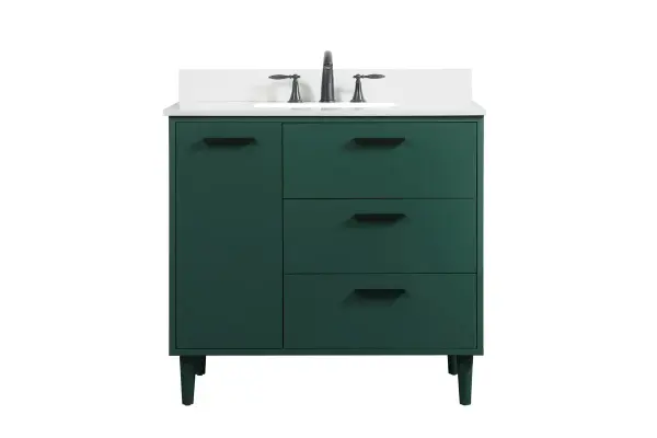 Modern sophistication is defined with the green finish and black barpulls of this vanity and slender tapered legs. Its length makes it the perfect addition to any sized home, and saves space with its storage area hidden behind the Single cabinet door and two bottom drawers. Topped with a highly durable engineered stone countertop and a porcelain undermount sink, this modern design will become your focal point of your bathroom or powder room. Comes with a matching backsplash to complete the look and protects your wall. Equipped with soft-closing drawer and doors adds a quiet functional touch. Collection: Baldwin Rooms: Bathroom Finish: Green Width: 22.00" Height: 34.00" Length: 36.00" Weight: 143.00 lb Material: Solid wood and MDF Country of Origin: Malaysia Manufacturer Warranty: 1 year limited Spec Sheet