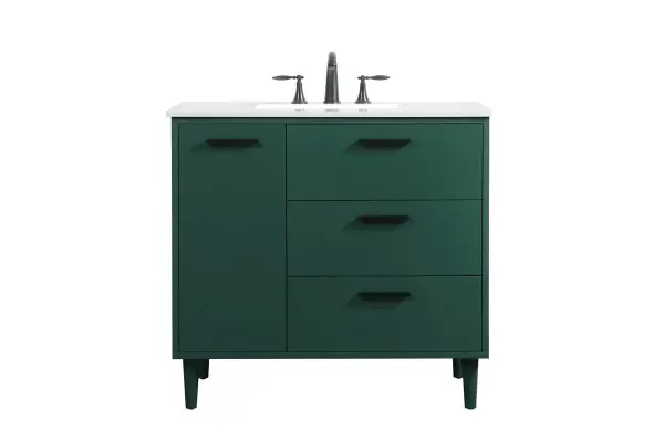 Modern sophistication is defined with the green finish and black barpulls of this vanity and slender tapered legs. Its length makes it the perfect addition to any sized home, and saves space with its storage area hidden behind the Single cabinet door and two bottom drawers. Topped with a highly durable engineered stone countertop and a porcelain undermount sink, this modern design will become your focal point of your bathroom or powder room. Equipped with soft-closing drawer and doors adds a quiet functional touch. Collection: Baldwin Rooms: Bathroom Finish: Green Width: 22.00" Height: 34.00" Length: 36.00" Weight: 143.00 lb Material: Solid wood and MDF Country of Origin: Malaysia Manufacturer Warranty: 1 year limited Spec Sheet