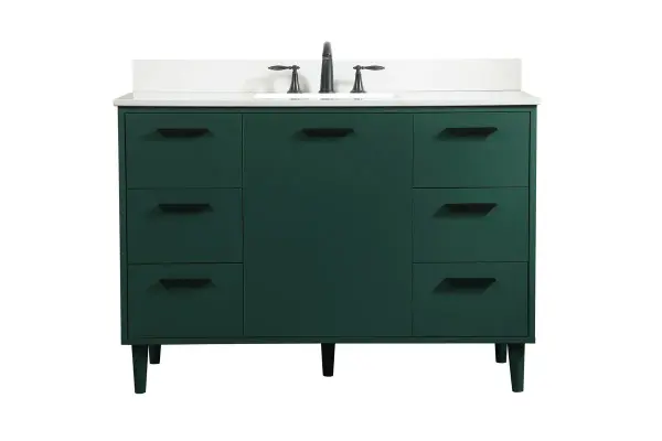 Modern sophistication is defined with the green finish and black barpulls of this vanity and slender tapered legs. Its length makes it the perfect addition to any sized home, and saves space with its storage area hidden behind the Single cabinet door and six drawers. Topped with a highly durable engineered stone countertop and a porcelain undermount sink, this modern design will become your focal point of your bathroom. Comes with a matching backsplash to complete the look and protects your wall. Equipped with soft-closing drawer and doors adds a quiet functional touch. Collection: Baldwin Rooms: Bathroom Finish: Green Width: 22.00" Height: 34.00" Length: 48.00" Weight: 201.00 lb Material: Solid wood and MDF Country of Origin: Malaysia Manufacturer Warranty: 1 year limited Spec Sheet