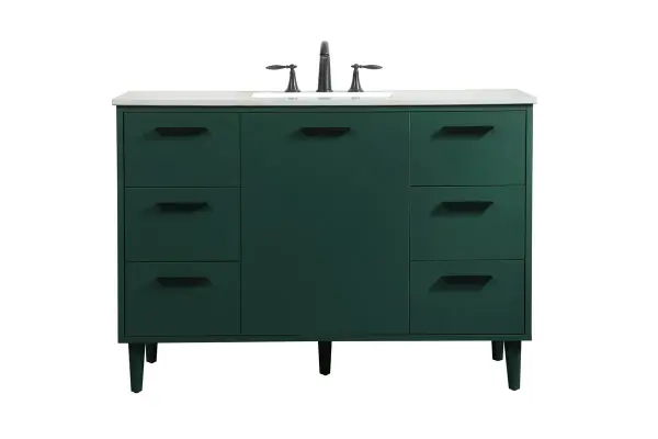 Modern sophistication is defined with the green finish and black barpulls of this vanity and slender tapered legs. Its length makes it the perfect addition to any sized home, and saves space with its storage area hidden behind the Single cabinet door and six drawers. Topped with a highly durable engineered stone countertop and a porcelain undermount sink, this modern design will become your focal point of your bathroom. Equipped with soft-closing drawer and doors adds a quiet functional touch. Collection: Baldwin Rooms: Bathroom Finish: Green Width: 22.00" Height: 34.00" Length: 48.00" Weight: 201.00 lb Material: Solid wood and MDF Country of Origin: Malaysia Manufacturer Warranty: 1 year limited Spec Sheet