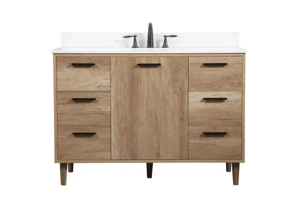 The Baldwin vanity combines contemporary design with practical functionality. Its natural oak finish and black hardware create a sophisticated look, while six drawers and cabinet storage maximize organization.