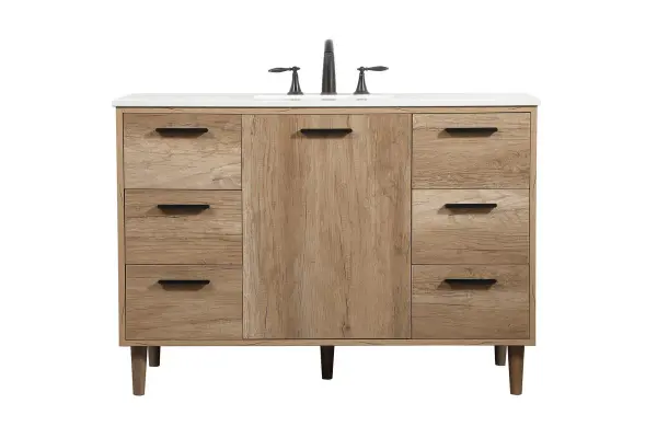Exquisite modern sophistication is defined with the wood look and black barpulls of this vanity and slender tapered legs. Its length makes it the perfect addition to any sized home, and saves space with its storage area hidden behind the Single cabinet doors and six drawers. Topped with a highly durable engineered marble countertop and a porcelain undermount sink, this modern design will become your focal point of your bathroom or powder room. Equipped with soft-closing drawer and doors adds a quiet functional touch. Collection: Baldwin Rooms: bathroom Finish: natural oak Width: 22.00" Height: 34.00" Length: 48.00" Weight: 201.00 lb Material: Solid wood and MDF Country of Origin: Malaysia Manufacturer Warranty: 1 year limited