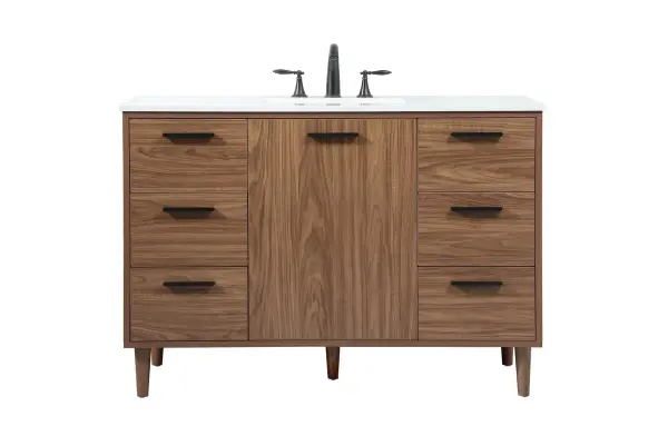Exquisite modern sophistication is defined with the wood look and black barpulls of this vanity and slender tapered legs. Its length makes it the perfect addition to any sized home, and saves space with its storage area hidden behind the Single cabinet doors and six drawers. Topped with a highly durable engineered marble countertop and a porcelain undermount sink, this modern design will become your focal point of your bathroom or powder room. Equipped with soft-closing drawer and doors adds a quiet functional touch. Collection: Baldwin Rooms: bathroom Finish: walnut brown Width: 22.00" Height: 34.00" Length: 48.00" Weight: 201.00 lb Material: Solid wood and MDF Country of Origin: Malaysia Manufacturer Warranty: 1 year limited