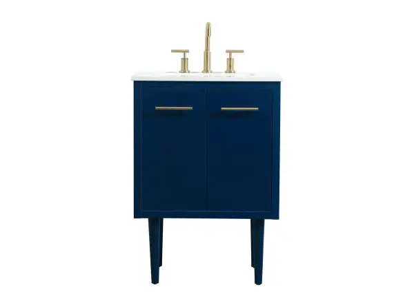 Delve into a world of minimalistic fashion and contemporary styling with this midcentury modern vanity. The clean lines anchors the design, while the straight tapered cylinder legs add subtle interest. Bar pull handle adorns the soft closing door hiding the base of the rectangular porcelain sink and letting you store your bathroom necessities and toiletries. The compact size makes it the perfect vanity for any bathroom or powder room, regardless of size. Whether you want to use this as a floating vanity or a freestanding vanity, the choice is yours. The durable ivory white engineered marble countertop complements the manufactured wood base vanity and is built to last. Collection: Cyrus Rooms: bathroom Finish: Blue Width: 19.00" Height: 33.50" Length: 24.00" Weight: 73.00 lb Material: Solid wood and MDF Country of Origin: Vietnam Manufacturer Warranty: 1 year limited