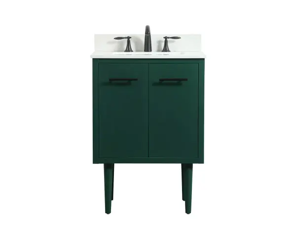 Delve into a world of minimalistic fashion and contemporary styling with this midcentury modern vanity. The clean lines anchors the design, while the straight tapered cylinder legs add subtle interest. Bar pull handle adorns the soft closing door hiding the base of the rectangular porcelain sink and letting you store your bathroom necessities and toiletries. The compact size makes it the perfect vanity for any bathroom or powder room, regardless of size. Whether you want to use this as a floating vanity or a freestanding vanity, the choice is yours. The durable ivory white engineered marble countertop complements the manufactured wood base vanity and is built to last. Comes with a matching backsplash to complete the look and protects your wall. Collection: Cyrus Rooms: bathroom Finish: Green Width: 19.00" Height: 33.50" Length: 24.00" Weight: 80.00 lb Material: Solid wood and MDF Country of Origin: Vietnam Manufacturer Warranty: 1 year limited