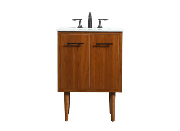 Delve into a world of minimalistic fashion and contemporary styling with this midcentury modern vanity. The clean lines anchors the design, while the straight tapered cylinder legs add subtle interest. Bar pull handle adorns the soft closing door hiding the base of the rectangular porcelain sink and letting you store your bathroom necessities and toiletries. The compact size makes it the perfect vanity for any bathroom or powder room, regardless of size. Whether you want to use this as a floating vanity or a freestanding vanity, the choice is yours. The durable ivory white engineered marble countertop complements the manufactured wood base vanity and is built to last. Collection: Cyrus Rooms: bathroom Finish: Teak Width: 19.00" Height: 33.50" Length: 24.00" Weight: 73.00 lb Material: Solid wood and MDF Country of Origin: Vietnam Manufacturer Warranty: 1 year limited