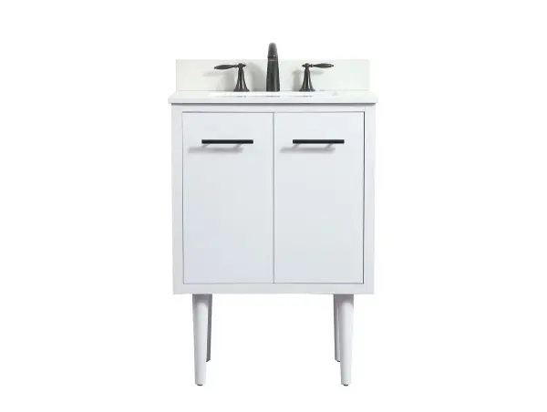 Delve into a world of minimalistic fashion and contemporary styling with this midcentury modern vanity. The clean lines anchors the design, while the straight tapered cylinder legs add subtle interest. Bar pull handle adorns the soft closing door hiding the base of the rectangular porcelain sink and letting you store your bathroom necessities and toiletries. The compact size makes it the perfect vanity for any bathroom or powder room, regardless of size. Whether you want to use this as a floating vanity or a freestanding vanity, the choice is yours. The durable ivory white engineered marble countertop complements the manufactured wood base vanity and is built to last. Comes with a matching backsplash to complete the look and protects your wall. Collection: Cyrus Rooms: bathroom Finish: White Width: 19.00" Height: 33.50" Length: 24.00" Weight: 80.00 lb Material: Solid wood and MDF Country of Origin: Vietnam Manufacturer Warranty: 1 year limited