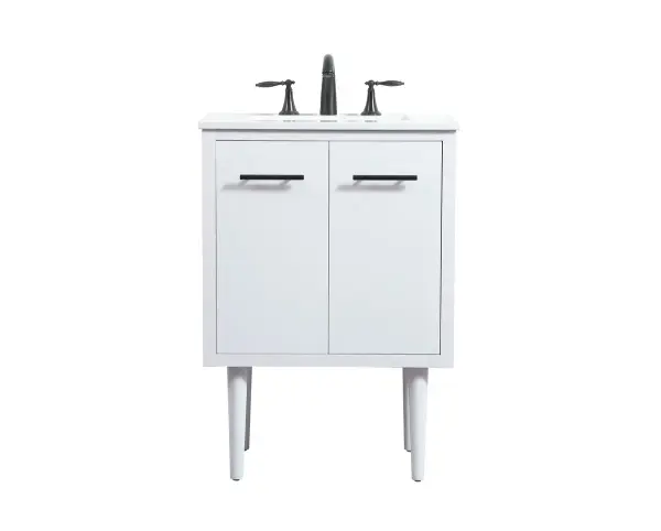 Delve into a world of minimalistic fashion and contemporary styling with this midcentury modern vanity. The clean lines anchors the design, while the straight tapered cylinder legs add subtle interest. Bar pull handle adorns the soft closing door hiding the base of the rectangular porcelain sink and letting you store your bathroom necessities and toiletries. The compact size makes it the perfect vanity for any bathroom or powder room, regardless of size. Whether you want to use this as a floating vanity or a freestanding vanity, the choice is yours. The durable ivory white engineered marble countertop complements the manufactured wood base vanity and is built to last. Collection: Cyrus Rooms: bathroom Finish: White Width: 19.00" Height: 33.50" Length: 24.00" Weight: 73.00 lb Material: Solid wood and MDF Country of Origin: Vietnam Manufacturer Warranty: 1 year limited