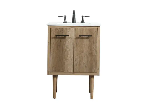 Delve into a world of minimalistic fashion and contemporary styling with this midcentury modern vanity. The clean lines anchors the design, while the straight tapered cylinder legs add subtle interest. Bar pull handle adorns the soft closing door hiding the base of the rectangular porcelain sink and letting you store your bathroom necessities and toiletries. The compact size makes it the perfect vanity for any bathroom or powder room, regardless of size. Whether you want to use this as a floating vanity or a freestanding vanity, the choice is yours. The durable ivory white engineered marble countertop complements the manufactured wood base vanity and is built to last. Collection: Cyrus Rooms: bathroom Finish: Natural oak Width: 19.00" Height: 33.50" Length: 24.00" Weight: 73.00 lb Material: Solid wood and MDF Country of Origin: Vietnam Manufacturer Warranty: 1 year limited