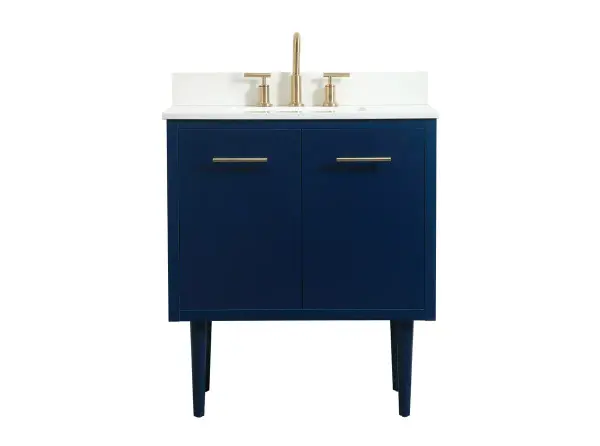 Delve into a world of minimalistic fashion and contemporary styling with this midcentury modern vanity. The clean lines anchors the design, while the straight tapered cylinder legs add subtle interest. Bar pull handle adorns the soft closing door hiding the base of the rectangular porcelain sink and letting you store your bathroom necessities and toiletries. Whether you want to use this as a floating vanity or a freestanding vanity, the choice is yours. The durable ivory white engineered marble countertop complements the manufactured wood base vanity and is built to last. Comes with a matching backsplash to complete the look and protects your wall. Collection: Cyrus Rooms: bathroom Finish: Blue Width: 19.00" Height: 33.50" Length: 30.00" Weight: 93.00 lb Material: Solid wood and MDF Country of Origin: Vietnam Manufacturer Warranty: 1 year limited