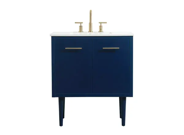 Delve into a world of minimalistic fashion and contemporary styling with this midcentury modern vanity. The clean lines anchors the design, while the straight tapered cylinder legs add subtle interest. Bar pull handle adorns the soft closing door hiding the base of the rectangular porcelain sink and letting you store your bathroom necessities and toiletries. Whether you want to use this as a floating vanity or a freestanding vanity, the choice is yours. The durable ivory white engineered marble countertop complements the manufactured wood base vanity and is built to last. Collection: Cyrus Rooms: bathroom Finish: Blue Width: 19.00" Height: 33.50" Length: 30.00" Weight: 86.00 lb Material: Solid wood and MDF Country of Origin: Vietnam Manufacturer Warranty: 1 year limited