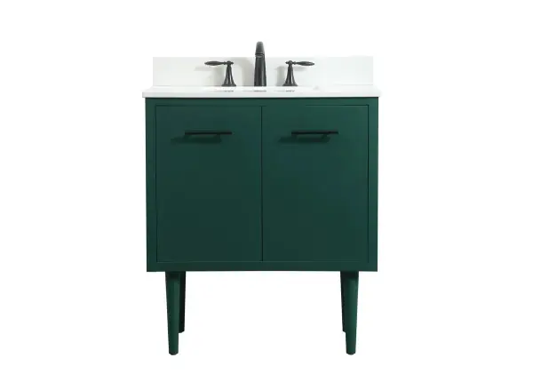 Delve into a world of minimalistic fashion and contemporary styling with this midcentury modern vanity. The clean lines anchors the design, while the straight tapered cylinder legs add subtle interest. Bar pull handle adorns the soft closing door hiding the base of the rectangular porcelain sink and letting you store your bathroom necessities and toiletries. Whether you want to use this as a floating vanity or a freestanding vanity, the choice is yours. The durable ivory white engineered marble countertop complements the manufactured wood base vanity and is built to last. Comes with a matching backsplash to complete the look and protects your wall. Collection: Cyrus Rooms: bathroom Finish: Green Width: 19.00" Height: 33.50" Length: 30.00" Weight: 93.00 lb Material: Solid wood and MDF Country of Origin: Vietnam Manufacturer Warranty: 1 year limited