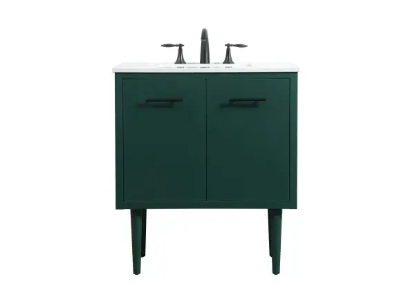 The Cyrus vanity brings clean-lined midcentury styling to smaller bathrooms with its tapered cylinder legs and minimalist green finish. The 30-inch width makes it ideal for powder rooms or guest baths.