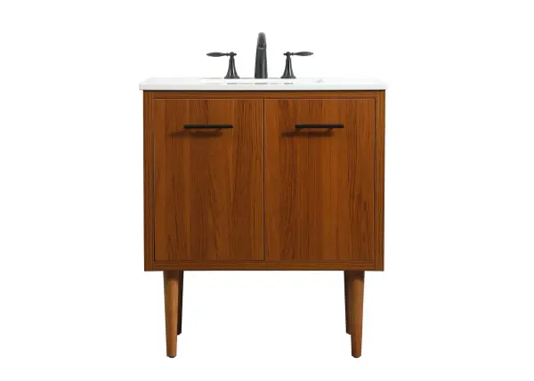 Delve into a world of minimalistic fashion and contemporary styling with this midcentury modern vanity. The clean lines anchors the design, while the straight tapered cylinder legs add subtle interest. Bar pull handle adorns the soft closing door hiding the base of the rectangular porcelain sink and letting you store your bathroom necessities and toiletries. Whether you want to use this as a floating vanity or a freestanding vanity, the choice is yours. The durable ivory white engineered marble countertop complements the manufactured wood base vanity and is built to last. Collection: Cyrus Rooms: bathroom Finish: Teak Width: 19.00" Height: 33.50" Length: 30.00" Weight: 86.00 lb Material: Solid wood and MDF Country of Origin: Vietnam Manufacturer Warranty: 1 year limited